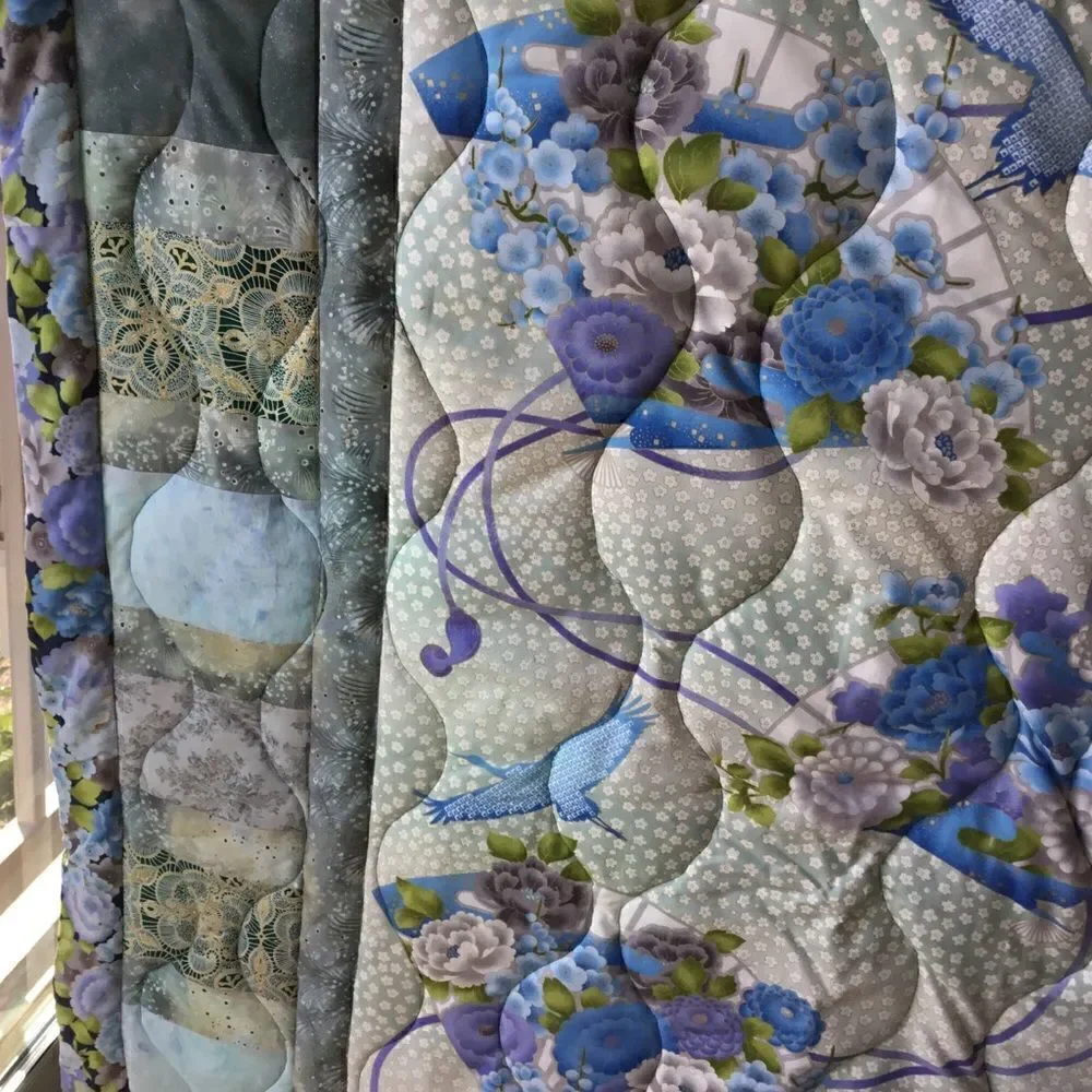 NWT Hand Crafted Quilt in Oriental Prints of Blues and Aquas With Cranes